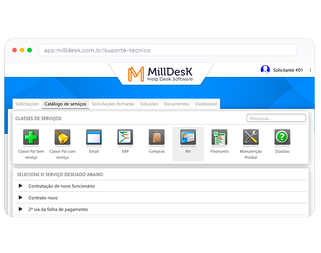 Service catalog of the Milldesk technical support system, with service classes and requests