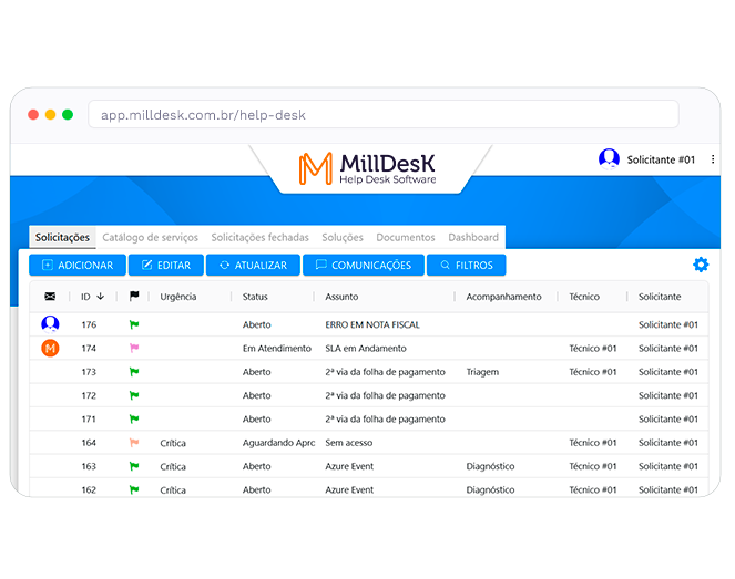 Request list in the Milldesk help desk system, with ID, urgency, status, technician and requester