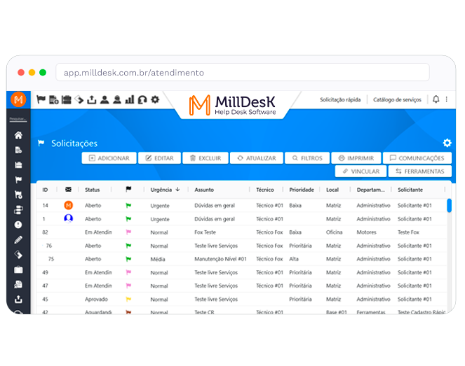 Milldesk service and request management screen, with status, urgency, priority and department