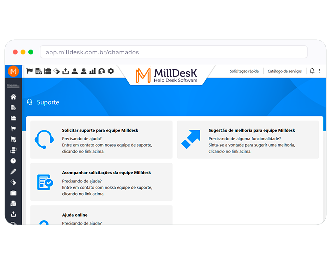 Milldesk support and ticket opening screen, with options to request support and follow tickets