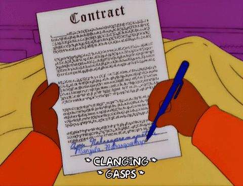 Cartoon character gif signing a contract. Service Catalog metaphor.